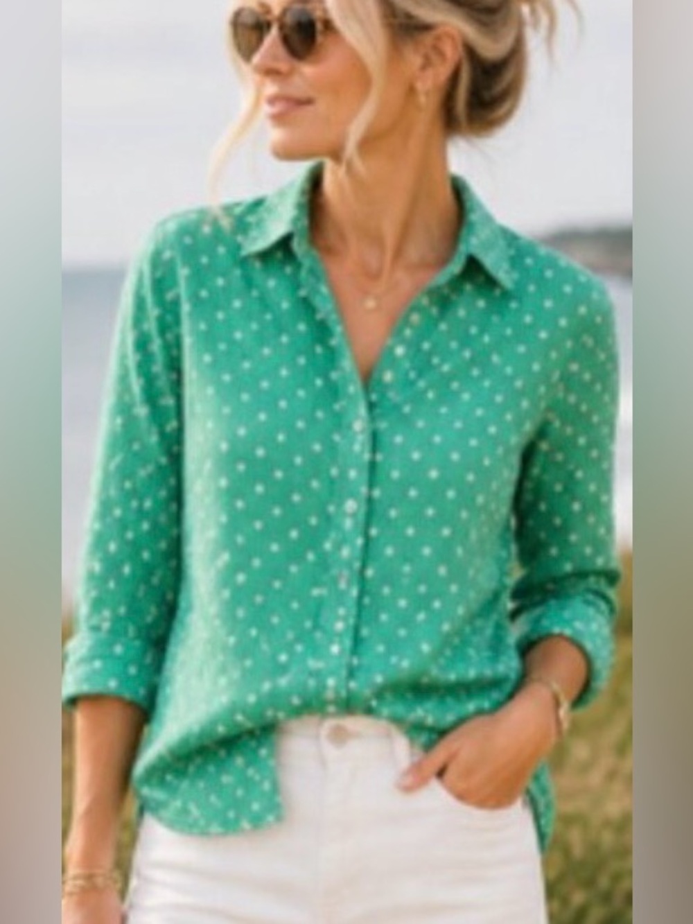 J. Crew Perfect Shirt 100% Linen Polka Dot Button Front Top Green White Size 8